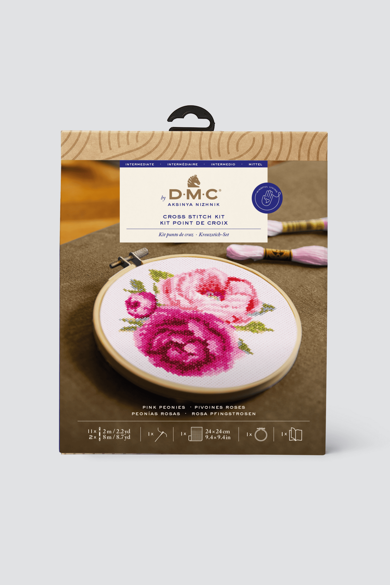 Stitch this beautiful peony design from Aksinya Nizhnik. This intermediate kit contains everything you need including fabric, thread and an embroidery hoop.