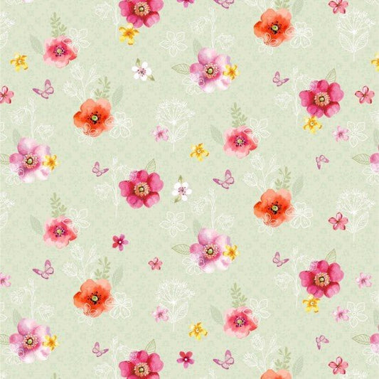 100% Cotton Fabric Spring Fields Floral Jacquard Green Flowers 112cm Wide