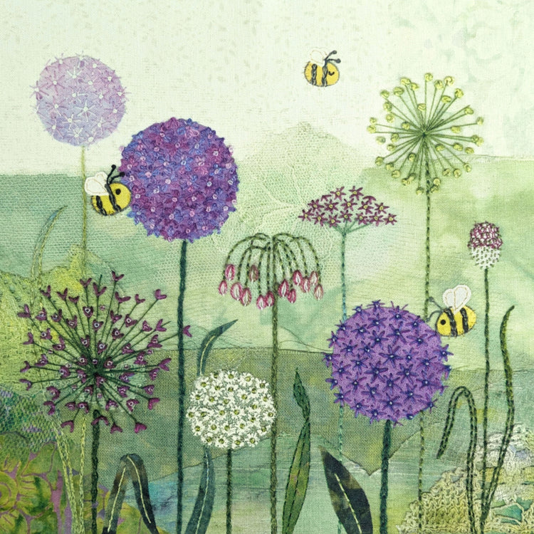 Illustration of flowers and bees on a textured green background