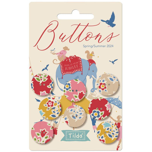 Little Blossom shop now stock these Assorted selection of cotton fabric covered metal buttons. 8 pieces. To celebrate Tilda turning 25, they created the colourful Jubilee collection. 