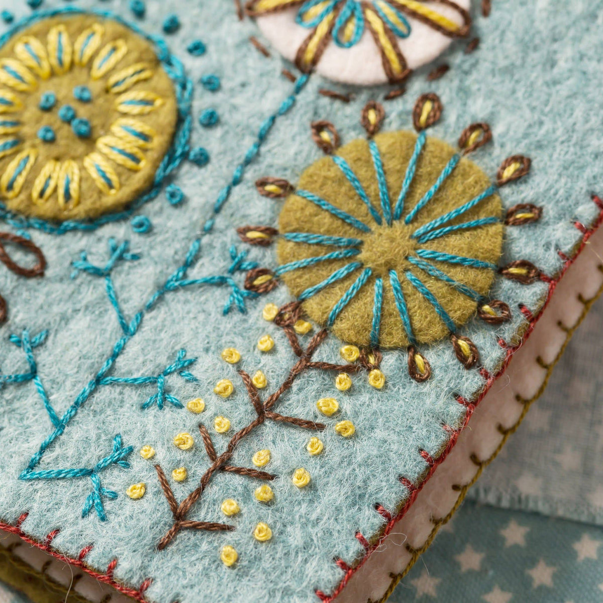 Close-up of embroidered floral design on fabric with blue, yellow, and brown colors.