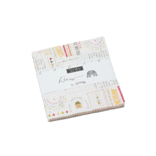 Little Blossom Shop now stock Renew, Moda, Charm Pack has 42 squares of fabric measuring 5” x 5”. There are 35 different prints in this collection.
