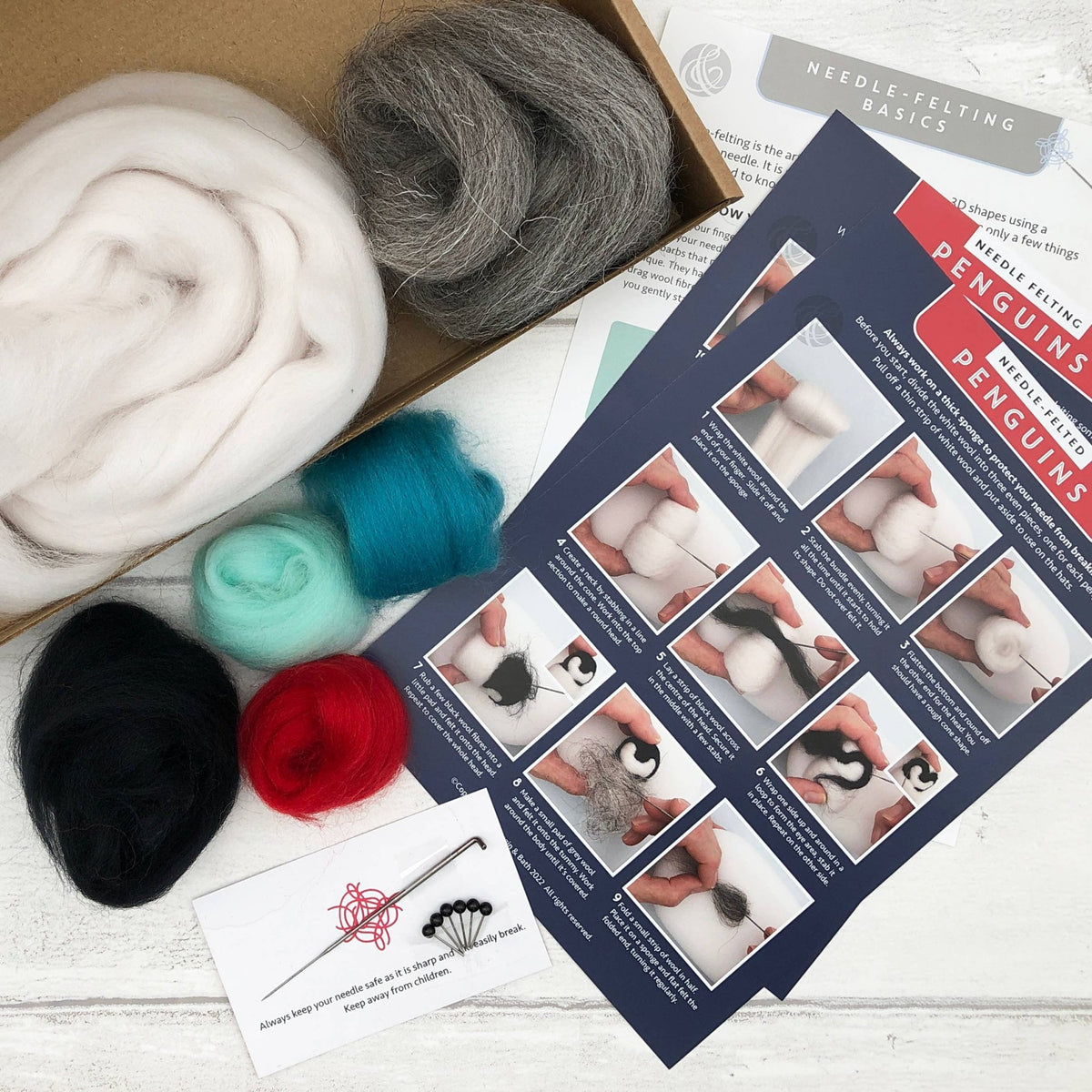 Needle felting kit  Baby Penguins. Make THREE penguins.