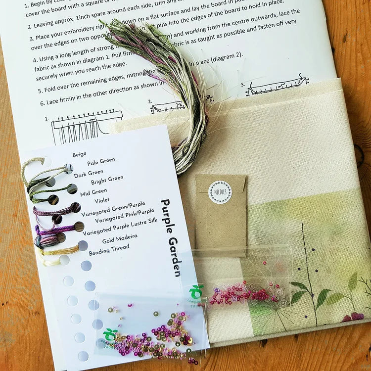 Purple Garden Embroidery Kit, Beaks and Bobbins design