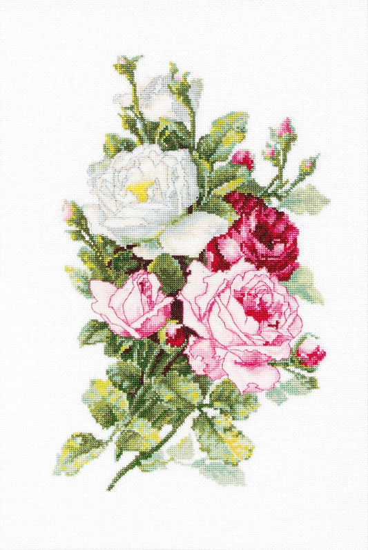 Cross-stitched design of a floral arrangement with roses on a white background